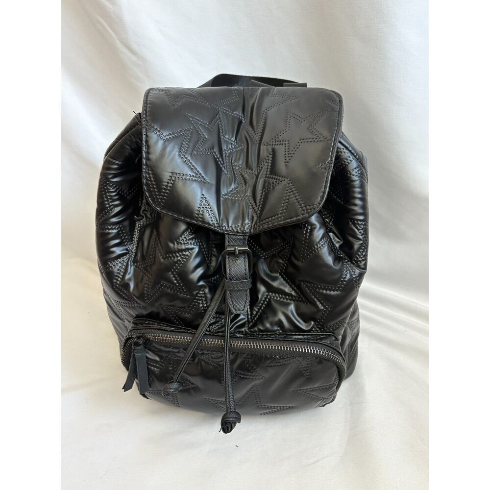 Black Quilted Stars Backpack Medium Sized Bag Handbag School Patent Faux Leather